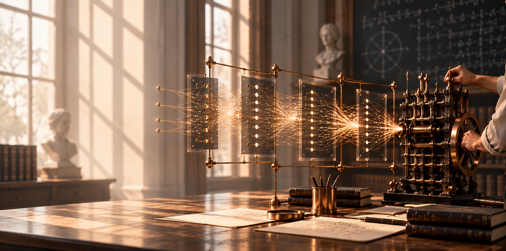 A researcher turns the wheel of a brass-and-iron calculating engine whose layered glass plates form a neural network